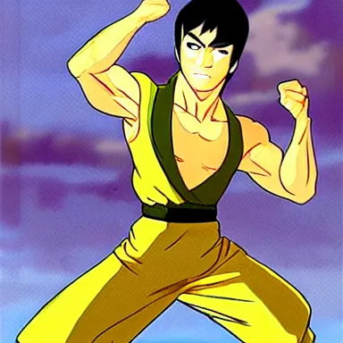 Prompt: a cartoon of Bruce Lee in the style of Legend of Korra, Avatar the Last Airbender