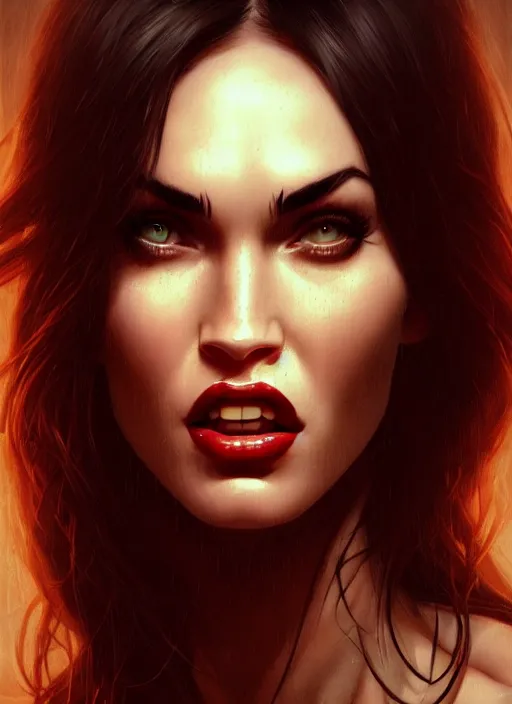 Image similar to portrait of megan fox as a vampire showing his teeth, intricate, elegant, glowing lights, highly detailed, digital painting, artstation, concept art, smooth, sharp focus, illustration, art by wlop, mars ravelo and greg rutkowski