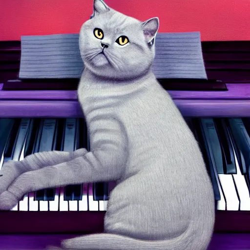 Image similar to grey british shorthair cat sitting on piano keys with musical notes in the background colorful detailed painting 4 k