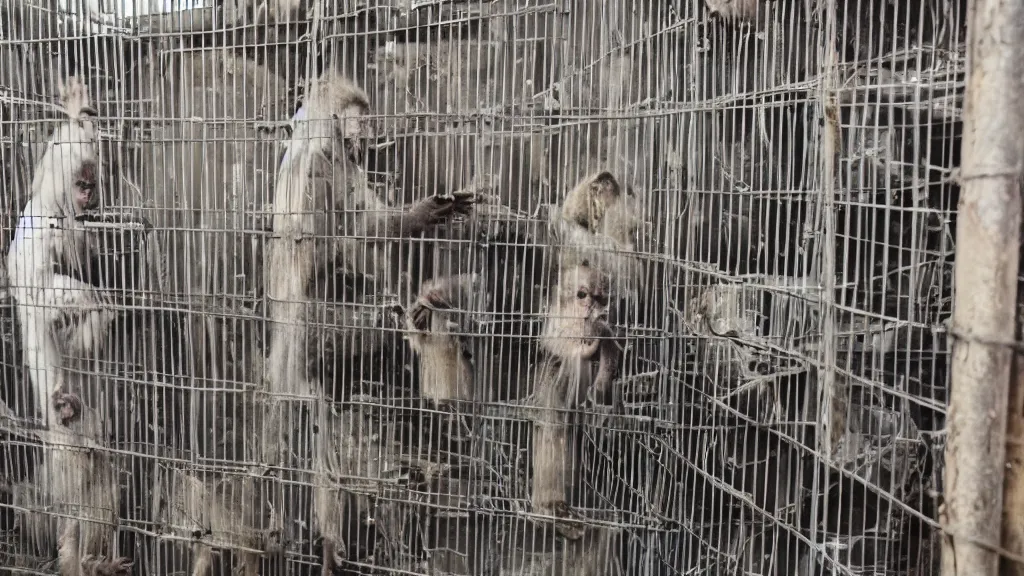 Image similar to High tech monkey's dressed in causal clothes pointing at primitive human's locked in a cage.