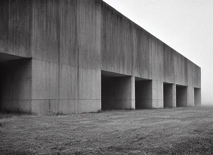 Image similar to high resolution black and white photography with a 3 5 mm f / 2 2. 0 lens of brutalist architectural buildings in belarus in the middle of nowhere in the 1 9 8 0 s, there is fog. fine art photography and very detailed