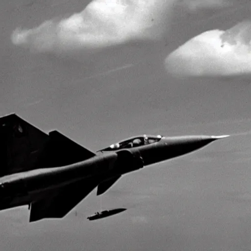 Prompt: fighter jet from the 5 0 s beautiful clouds in the background, grainy footage, black and white, leaked classified footage