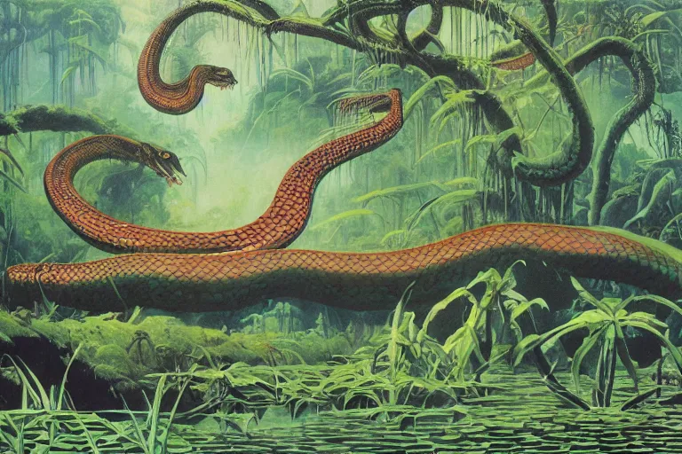 Prompt: Snake oil salesman searching the swamps of Formosa for the elusive water snake, painting by Roger Dean, painting by Naomi Okubo