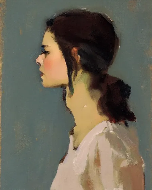 Image similar to portrait of a young girl in profile, painting by malcolm liepke