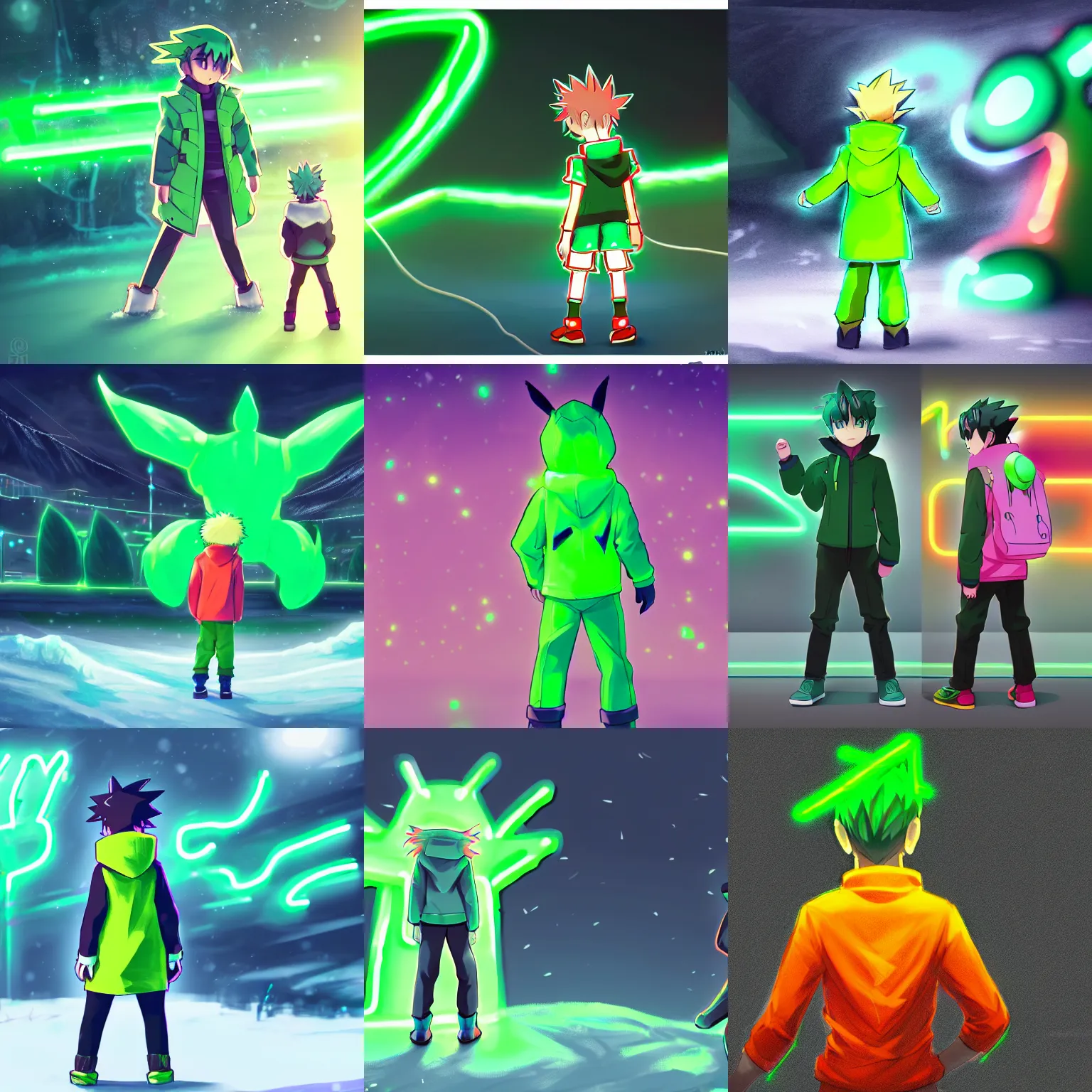 Prompt: a boy in winter clothing, standing in front of a big neon green metallic pokemon, concept art, digital art, very detailed, anime, back - shot, d & d, pokemon, 8 k hd