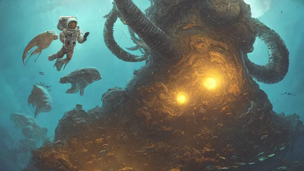 Prompt: An astronaut is under the sea, he has a big egg, he is swimming away from the giant leviathan that is behind hunting him, the leavithan is evil, this is an extravagant planet with wacky wildlife and some mythical animals, the background is full of ancient ruins, the ambient is dark with a terrifying atmosphere, by Jordan Grimmer digital art, trending on Artstation,