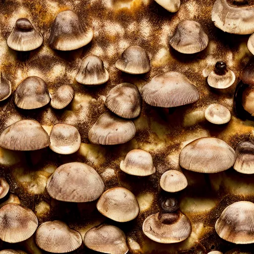 Prompt: one roud mushroom cap, bottom view, lamellae are clearly visible, no stipe, black background, hyper realistic, photografy,8k, epic composition