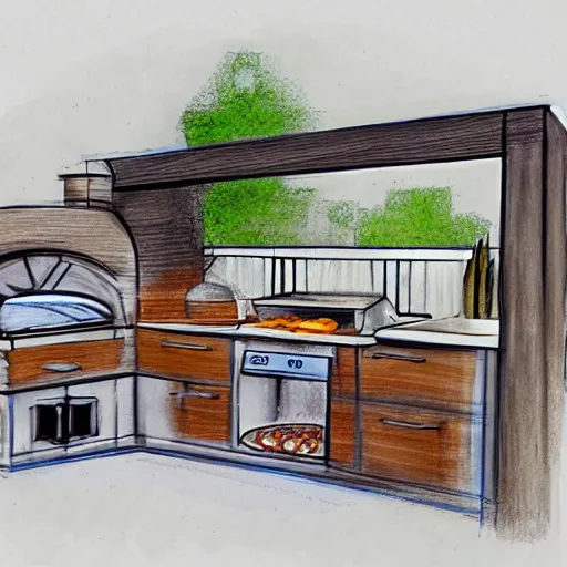 Prompt: new concept for small outdoor open kitchen design with grill and pizza oven, designer pencil sketch, HD resolution