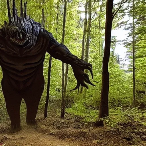 Image similar to giant scary horror creature emerges from the darkest shadows, trail cam footage