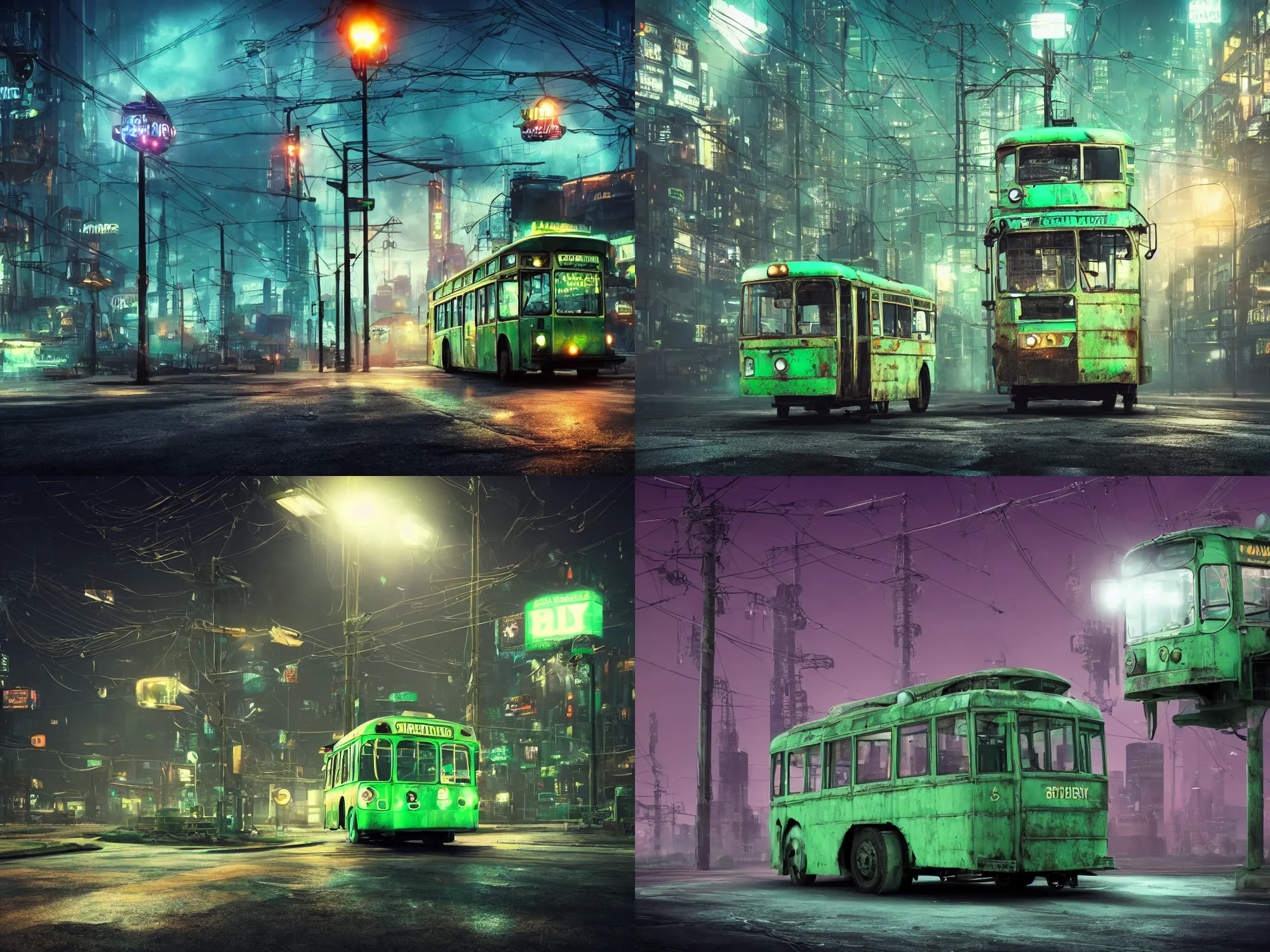 Image similar to an old shabby green trolleybus stands at a stop on the other planet, headlights shine with neon light, in the background in the distance the earth, atmospheric, futuristic, cyberpunk, 8 k resolution, ultra detailed