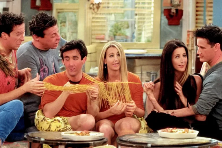 Prompt: the episode of Friends where everyone gets covered in spaghetti