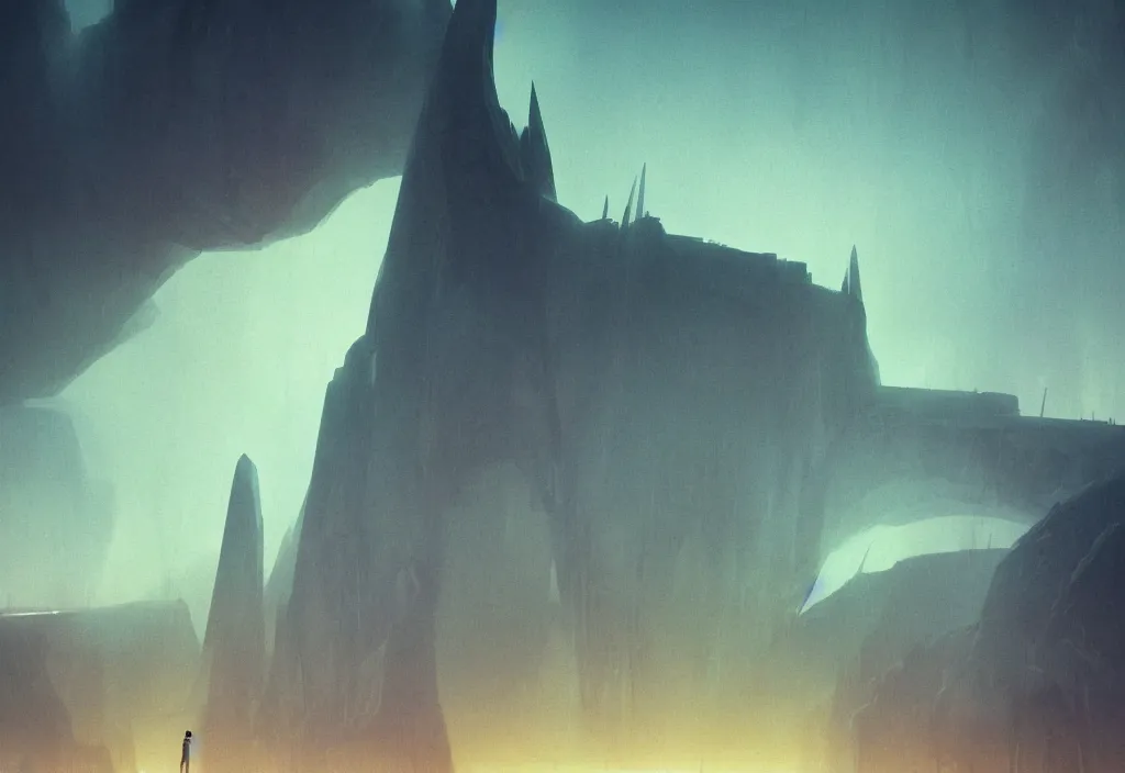 Image similar to a dramatic epic ethereal stunning beautiful and insanely detailed matte painting of a Blade Runner movie still, a small silhouette contemplates the landscape, atmospheric and vaporwave composition, digital art by Kilian Eng and Jean Giraud and Simon Stalenhag, winning-award masterpiece, fantastic, octane render, 8K HD Resolution, High quality image