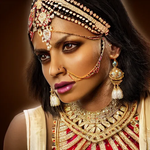 Image similar to portrait of wonderful indian princess of diamond with dark skin, ornate with diamonds, 8 k, gorgeous, intricate, detailed, glowing white accent lighting, dramatic lighting, octane render