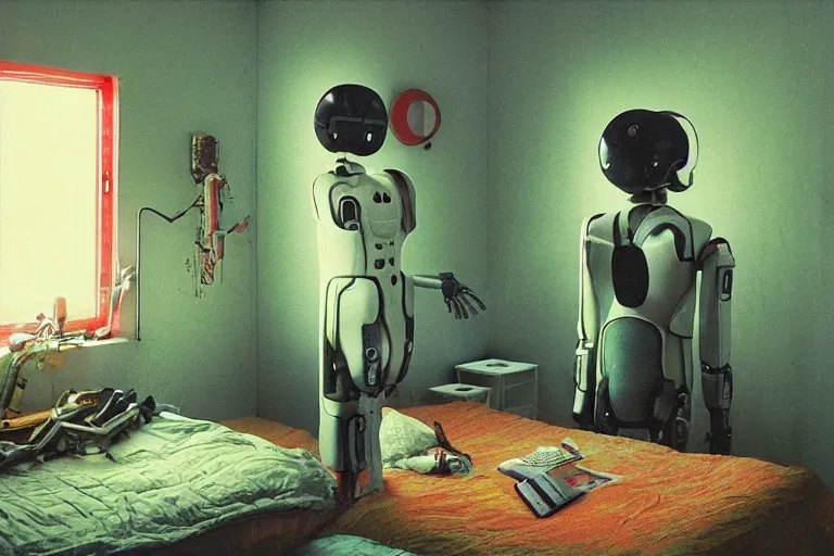 Image similar to IKEA catalogue photo, cyberpunk teenager bedroom, robots, by Beksiński