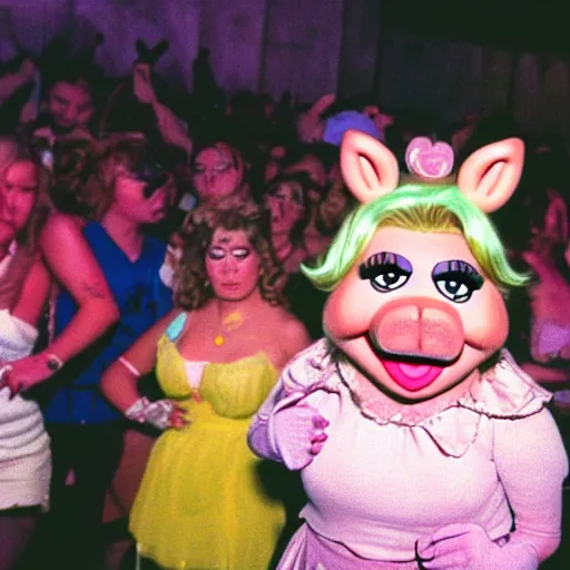 Image similar to Miss Piggy at a rave in Manchester, surrounded by ravers, 1994, HD 35mm color flash photography, depth of field