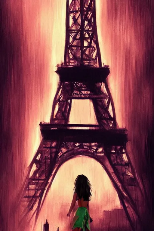 Image similar to hispanic female teen climbing the Eiffel Tower at night, downpour, action scene, artstation, concept art, smooth, sharp focus, art by artgerm