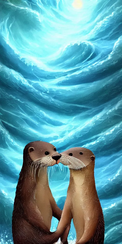 Image similar to An adorable Otter saving his wife from the whirlpool, in love holding hands side by side, in the middle of a super scary storm at sea, thunder, lightning, waves, fantasy illustration, cinematic, award winning, romantic, detailed trending on artstation, masterpiece