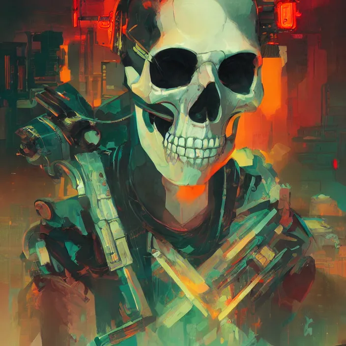 Prompt: a colorful comic noir illustration painting of a cyberpunk skull by sachin teng and sergey kolesov and ruan jia and heng z. hyper detailed. octane render. trending on artstation