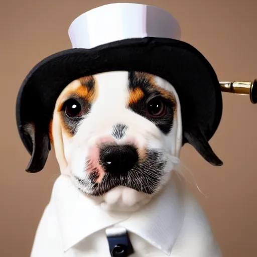 Image similar to puppy wearing a monocle and a top hat