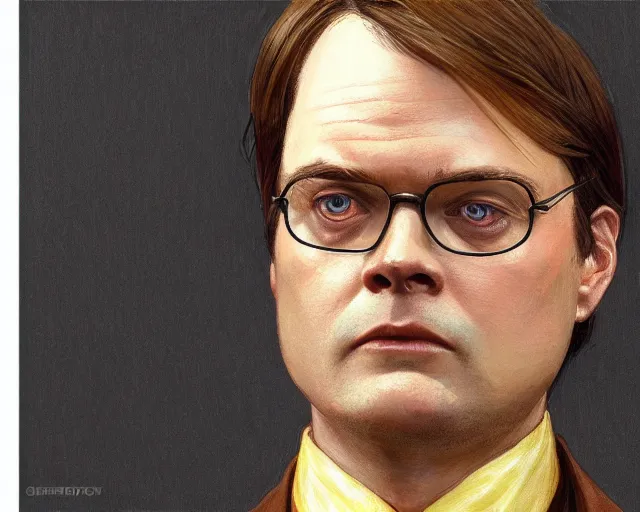 Image similar to close up of dwight schrute wearing a brown suit, mustard yellow dress shirt and necktie, focus, d & d, intricate, elegant, highly detailed, digital painting, artstation, concept art, matte, sharp focus, illustration, hearthstone, art by artgerm and greg rutkowski and alphonse mucha