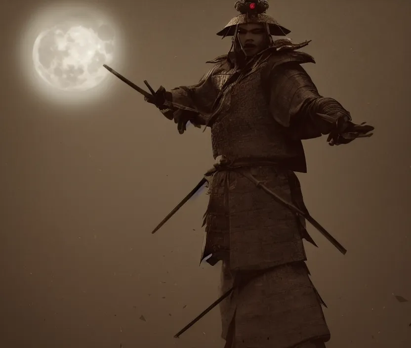 Image similar to 'a samurai! haunted by souls and ghosts with a big full moon on background , gloomy and foggy atmosphere, octane render, artstation trending, horror scene, highly detailded'