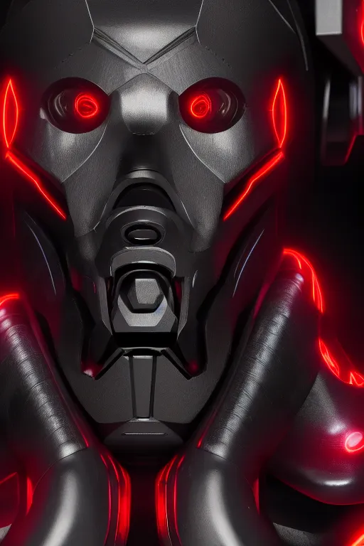 Image similar to closeup shot of a carbon black cyborg, macro shot, dof, cinematic, volumetric lighting, studio shot, octane render, red light, 4 k