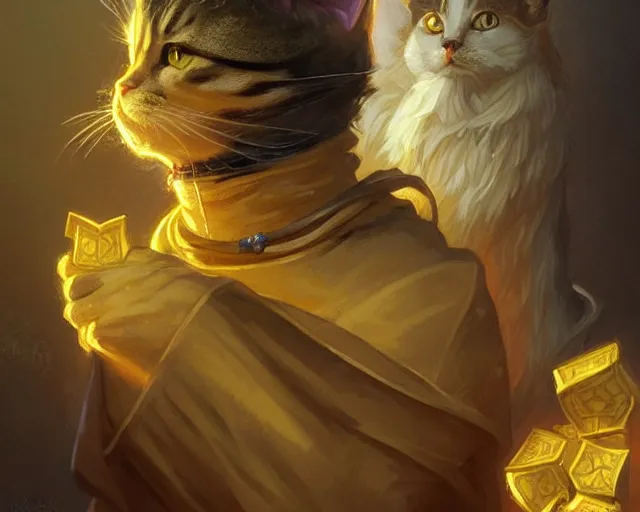 Image similar to a mind - blowing portrait of a cat wizard, yellow wizard hat, anthropomorphic, deep focus, d & d, fantasy, intricate, elegant, highly detailed, digital painting, artstation, concept art, matte, sharp, illustration, hearthstone, art by artgerm and greg rutkowski and alphonse mucha