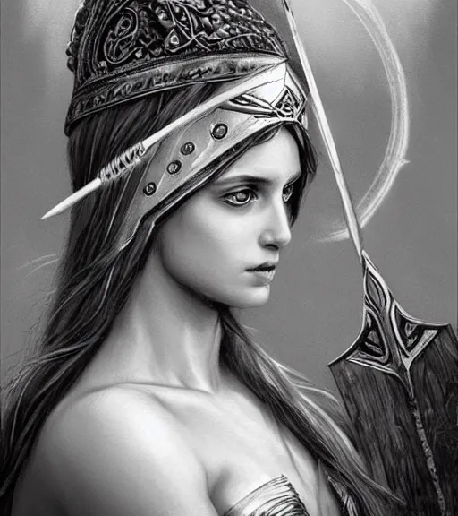 Image similar to beautiful aphrodite goddess wearing an arrow on her head, realistic face, beautiful eyes, black and white drawing, in the style of greg rutkowski, fantasy, amazing detail, epic, intricate, elegant, smooth, sharp focus