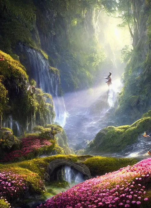 Image similar to an elegant fairy flying in the distance, in the lord of the rings scenery landscape, vast lush valley flowers and mushroom structures, stream, sunrise, god's rays highly detailed, vivid color, cinematic lighting, perfect composition, 8 k, gustave dore, derek zabrocki, greg rutkowski, belsinski, octane render