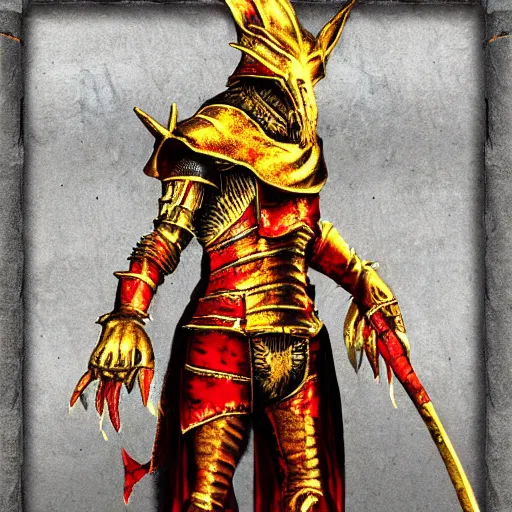 Prompt: three - ply portrait death dog dark souls in golden red armor made of polished dragon bones looks relaxed, quantum physics, victorian era