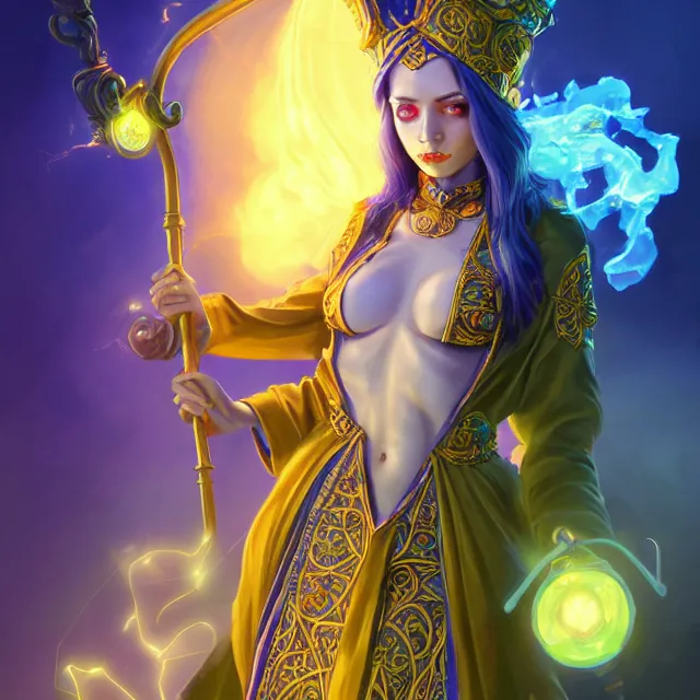 Image similar to beautiful elemental electric witch with ornate blue andyellow robes and staff, highly detailed, 4 k, hdr, smooth, sharp focus, high resolution, award - winning photo, artgerm, photorealistic