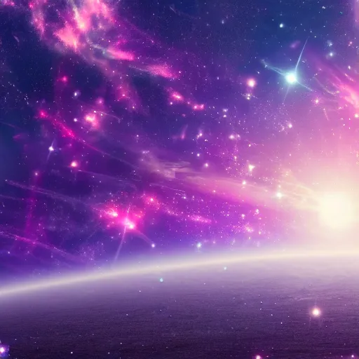 Image similar to anime style hd wallpaper of outer space horizon, glittering stars scattered about, lavender and pink colors