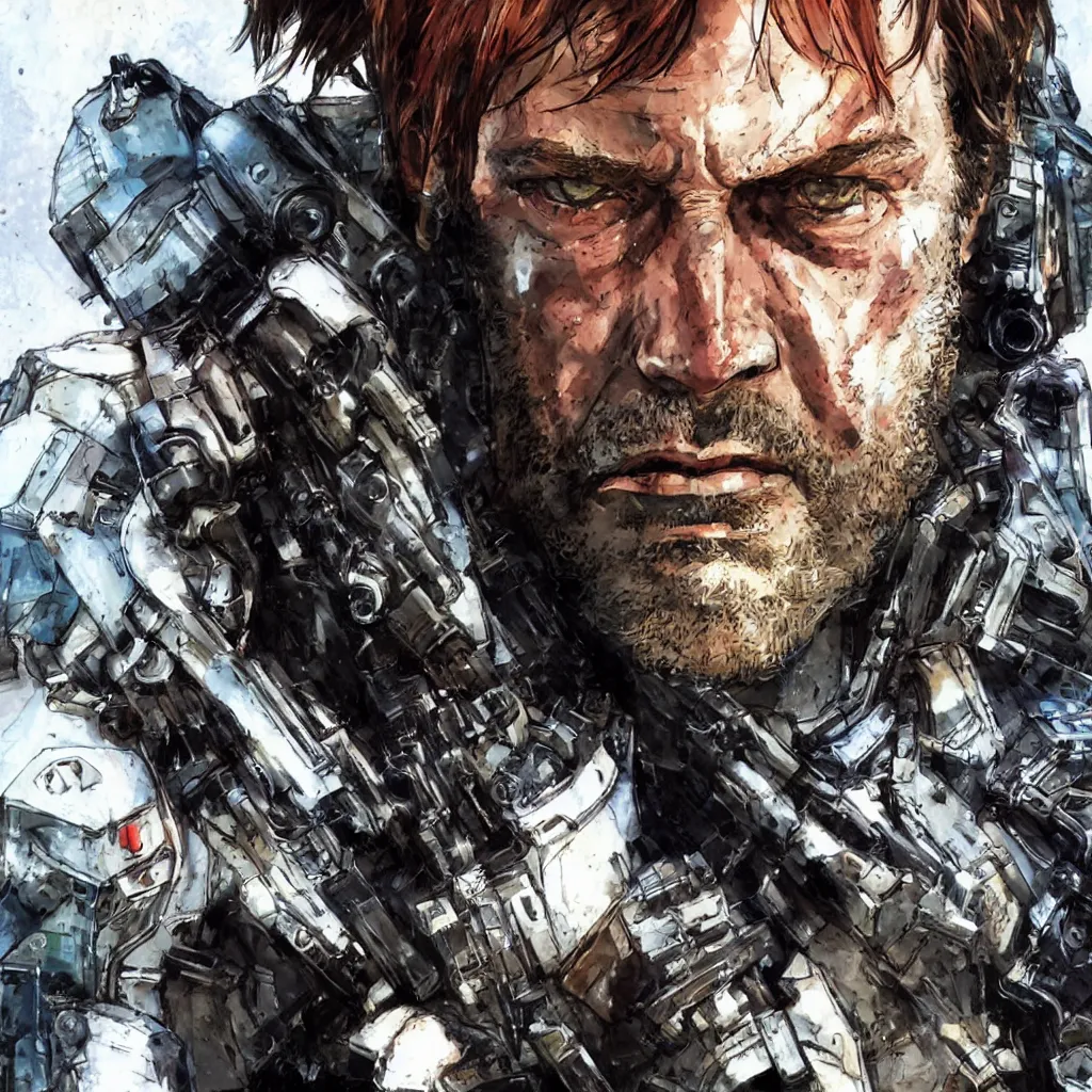 Image similar to a close-up portrait of Arthur Morgan from Red Dead Redemption as a cyborg, art by Yoji Shinkawa