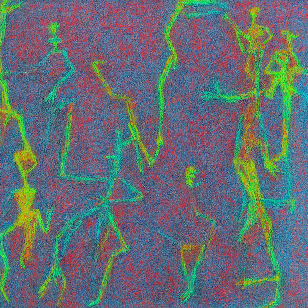 Image similar to two human figures next to each other, anxiety, smiling, abstract, maya bloch artwork, ivan plusch artwork, cryptic, lines, stipple, dots, abstract, geometry, splotch, concrete, color tearing, uranium, acrylic, neon, pitch bending, faceless people, dark, ominous, eerie, minimal, points, technical, painting