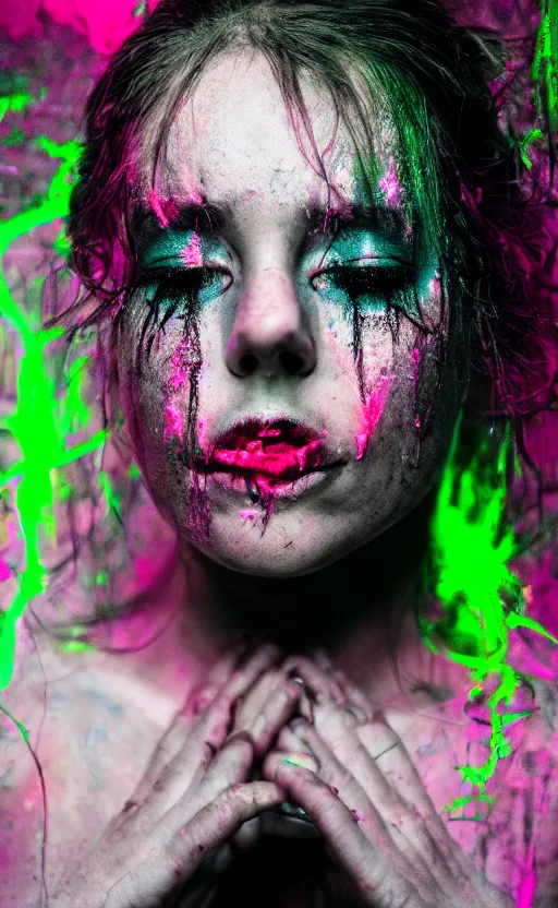 Image similar to grungy woman crying glowing neon paint, dark, horror, cinematic, Sony a7R IV, symmetric balance, polarizing filter, Photolab, Lightroom, 4K, Dolby Vision, Photography Award