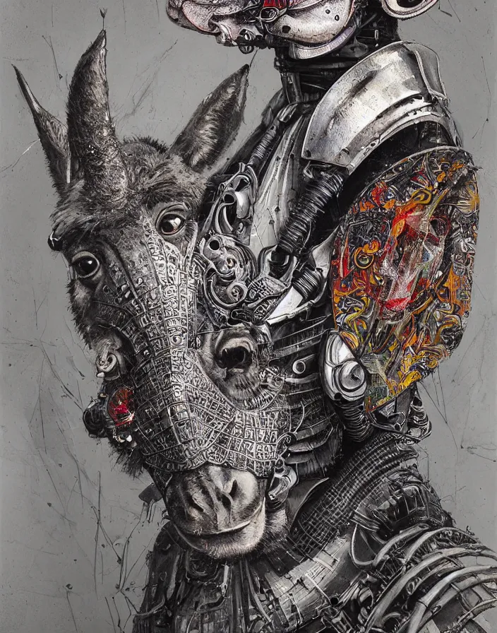 Image similar to art portrait A donkey and a bug hybrid, intricate detailed armour ,8k,by tristan eaton,Stanley Artgermm,Tom Bagshaw,Greg Rutkowski,Carne Griffiths, Ayami Kojima, Beksinski, Giger,trending on DeviantArt,face enhance,hyper detailed,minimalist,cybernetic, android, blade runner,full of colour,