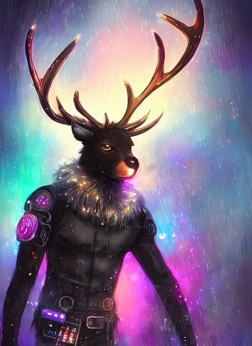 Image similar to award winning beautiful portrait commission of a male furry anthro Black Reindeer cyberpunk fursona with a tail, wings, wings, wings and a cute beautiful attractive detailed furry face wearing stylish black and rainbow galaxy clothes, outline, in a cyberpunk city at night while it rains. Character design by charlie bowater, ross tran, artgerm, and makoto shinkai, detailed, inked, western comic book art