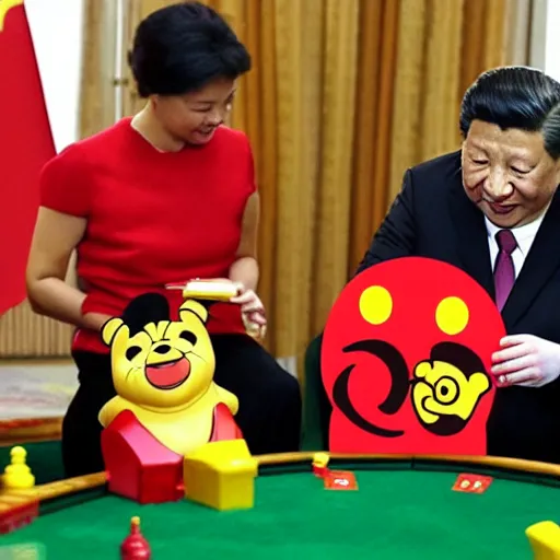 Prompt: Xi Jinping playing Uno game with Winnie the poo