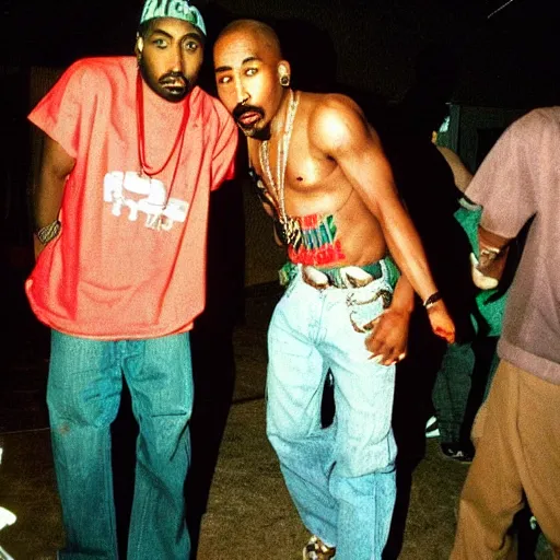 Prompt: 2 pac parting in 1 9 9 2 photo. small house party.