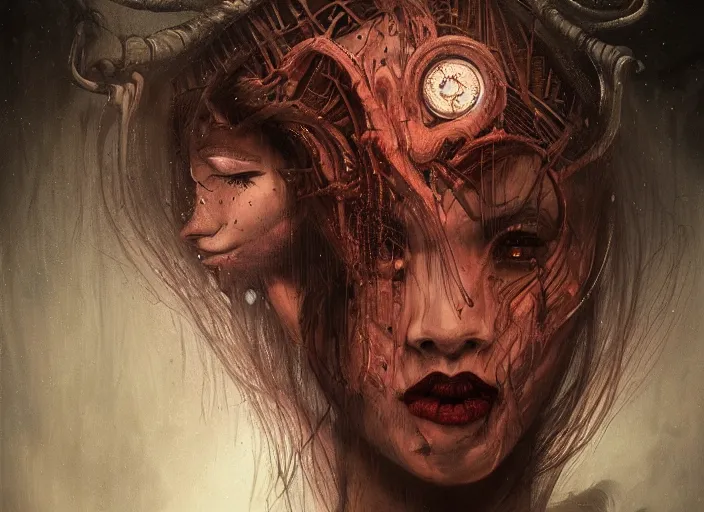 Image similar to dream portrait of a succubus in a dark ancient attic room,full character, melting ,8k,by tristan eaton,Stanley Artgermm,Tom Bagshaw,Greg Rutkowski,Carne Griffiths, Ayami Kojima, Beksinski, Giger,trending on DeviantArt,face enhance,hyper detailed,minimalist,cybernetic, android, blade runner,full of colour