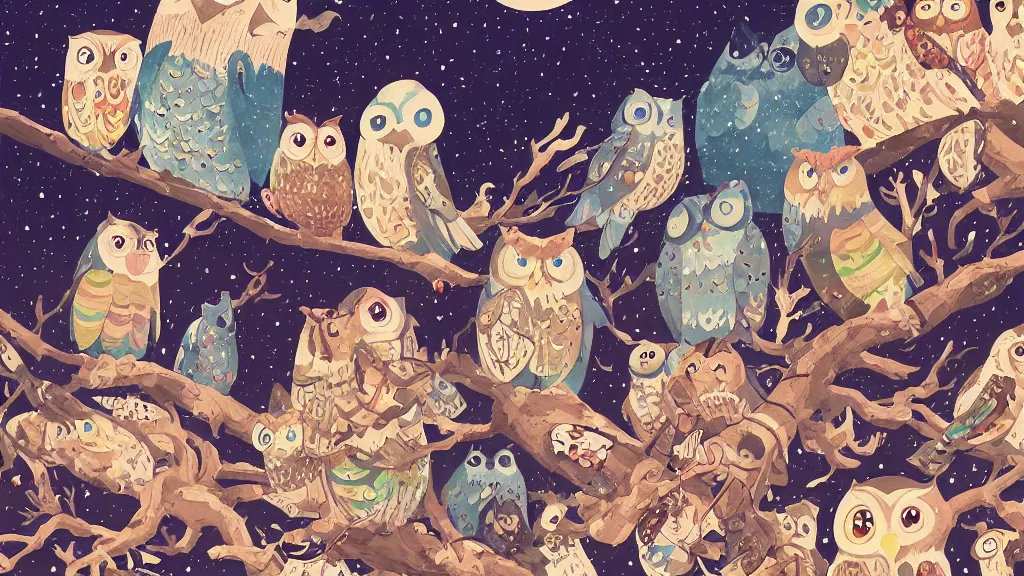 Prompt: very detailed, ilya kuvshinov, mcbess, rutkowski, watercolor pixar quilt ghibli illustration of owls flying at night, colorful, deep shadows, astrophotography, highly detailed, wide shot