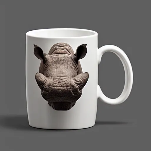 Image similar to a mug with shape of a rhino head, high quality product photography, behance