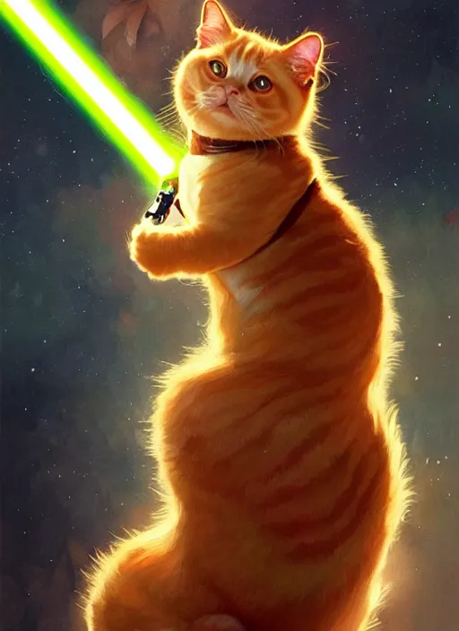 Image similar to a fat ginger cat holding a lightsaber, star wars, beautiful glowing lights, sci - fi, stunning, intricate, elegant. highly detailed, digital painting. artstation. smooth. sharp focus. illustration. art by artgerm and greg rutkowski and alphonse mucha