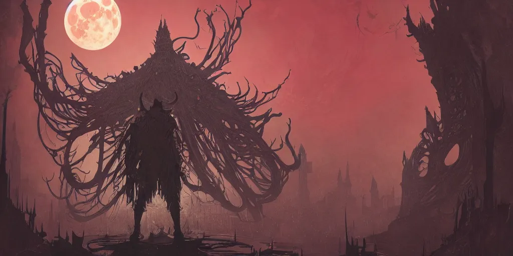 Image similar to an ultra detailed vector image of a big daddy in the style of bloodborne, concept art by alphonse mucha and greg rutkowski, scary shadows, blood moon eclipse, octane render, liminal space