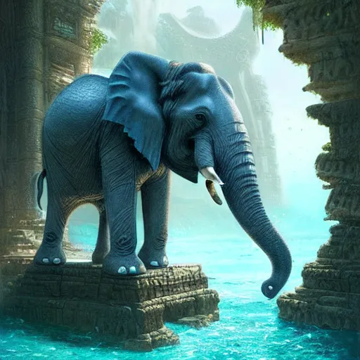 Image similar to an elephant discovering the lost city of atlantis,digital art,detailed,ultra realistic,art by greg rutkowski
