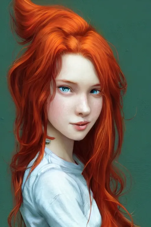 Image similar to beautiful cute red haired joyful and playful nineteen year old maiden standing up in casual green clothing, long hair, modern city, rpg character, sci - fi, fantasy, intricate, elegant, digital painting, artstation, concept art, smooth, 8 k frostbite 3 engine, ultra detailed, art by artgerm and greg rutkowski and magali villeneuve