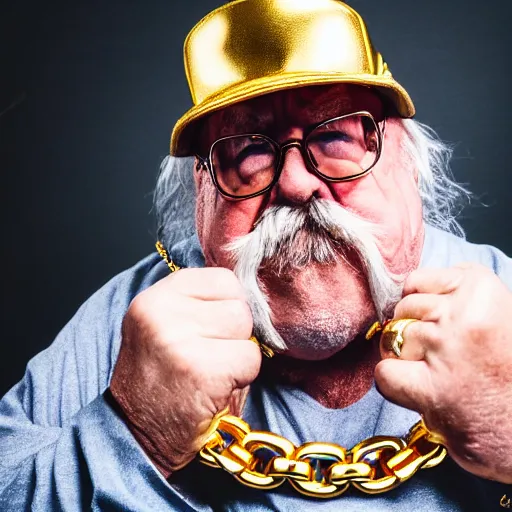 Prompt: dslr portrait photo still of!!! wilfred brimley!!! as a gangsta rapper with gold chains and gold teeth grills growling at camera!!! holding up his hand to show off his large ornate rings!!!, 8 k, 8 5 mm f 1. 8