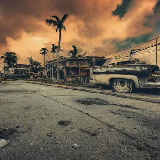 Image similar to low wide angle shot of dilapidated fallout 5 miami, tropical coastal city, desolate, dilapidated neon signs, few rusted retro futuristic vintage parked vehicles like cars, buses, trucks, trams, sunny weather, few clouds, volumetric lighting, photorealistic, daytime, spring, sharp focus, ultra detailed, 4 0 0 0 k