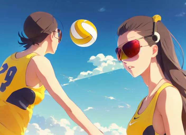 Prompt: side portrait of cute high school girl playing beach volley, sunny sky background stadium landscape illustration concept art anime key visual trending pixiv fanbox by wlop and greg rutkowski and makoto shinkai and studio ghibli and kyoto animation symmetrical facial features sports clothing yellow aviator glasses nike shirt backlit