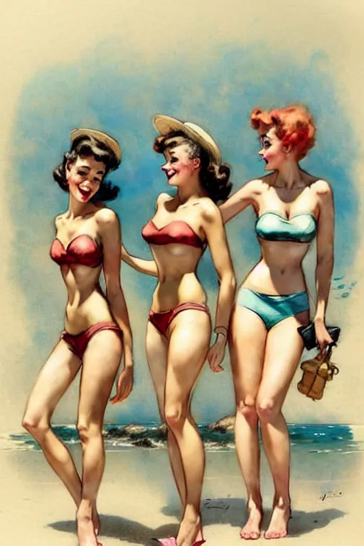 Image similar to (((((1950s three adventure bikini girls playing together character illustration. muted colors.))))) by Jean-Baptiste Monge !!!!!!!!!!!!!!!!!!!!!!!!!!!